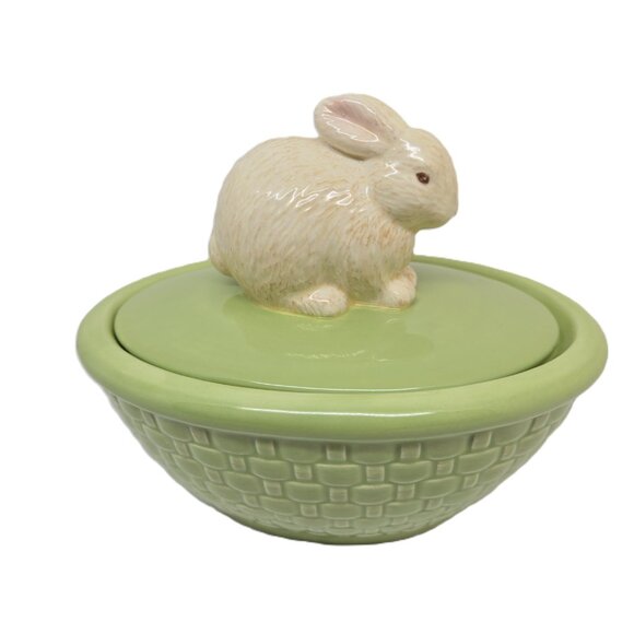 Hallmark Bunny Ceramic Trinket Bowl on a Green Basket - Picture 2 of 8